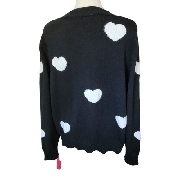 Nanette Lepore Heart Print Cardigan Black White Pearl Button XL Romantic Chic - Picture 10 of 17